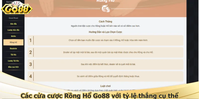 Các cửa cược Rồng Hổ Go88 với tỷ lệ thắng cụ thể
