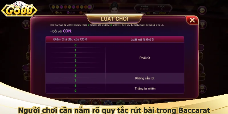 Người chơi cần nắm rõ quy tắc rút bài trong Baccarat